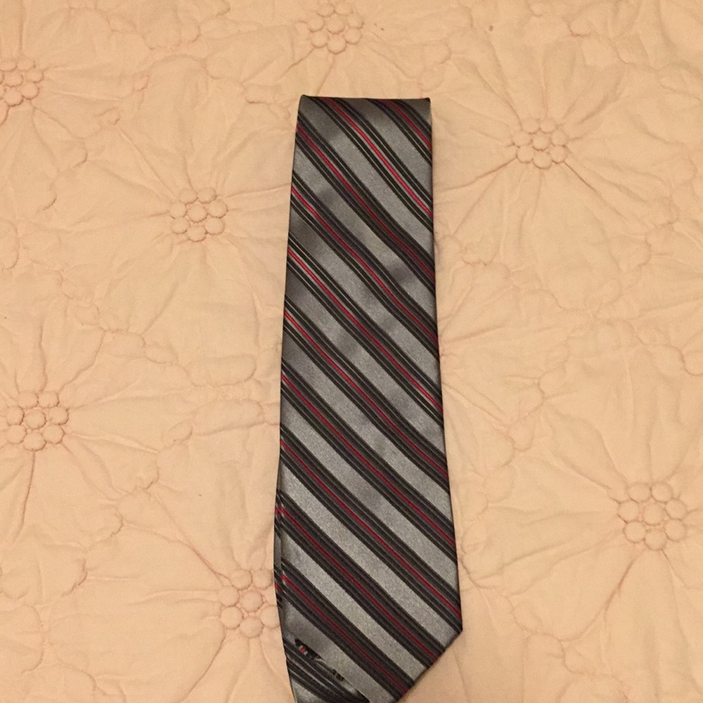 Striped red green grey tie